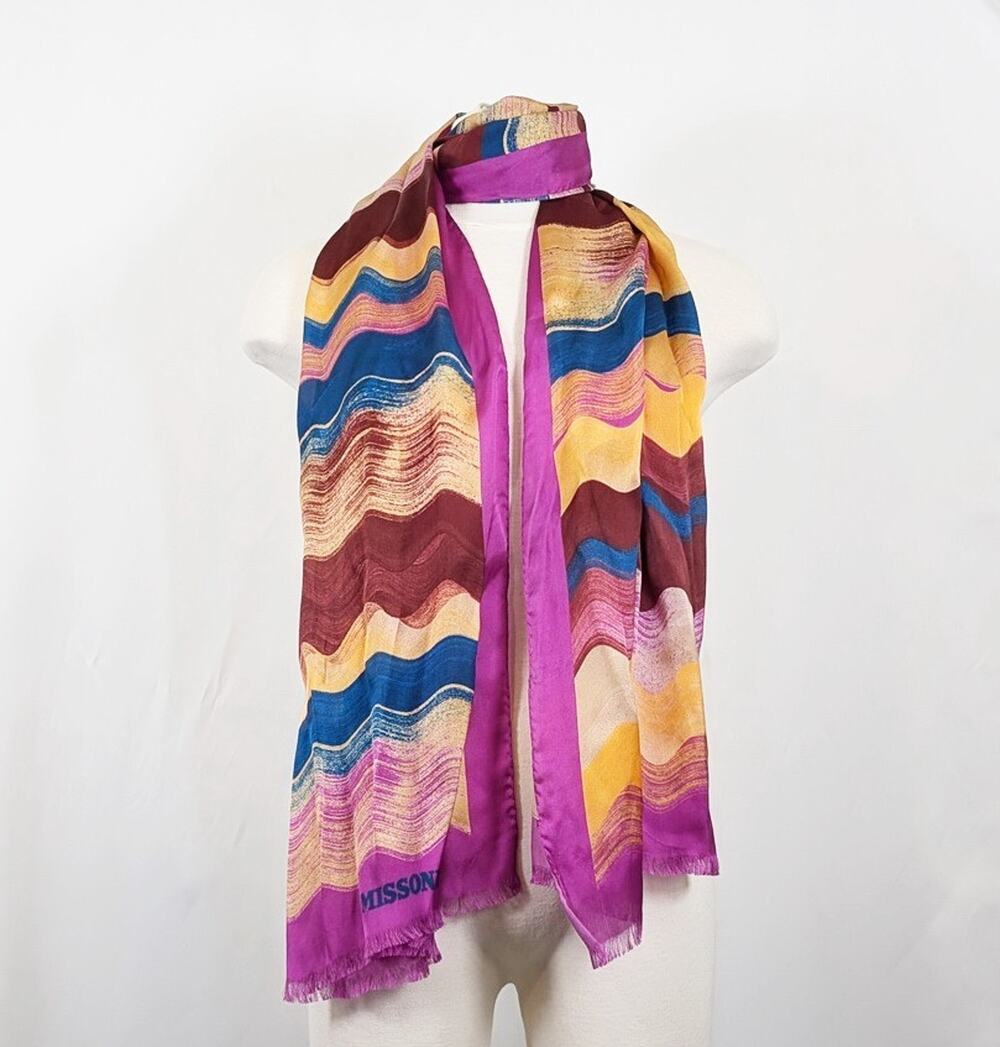 Missoni Foulard Silk Scarf Wrap Purple Waves Print Rectangular 76 x 26